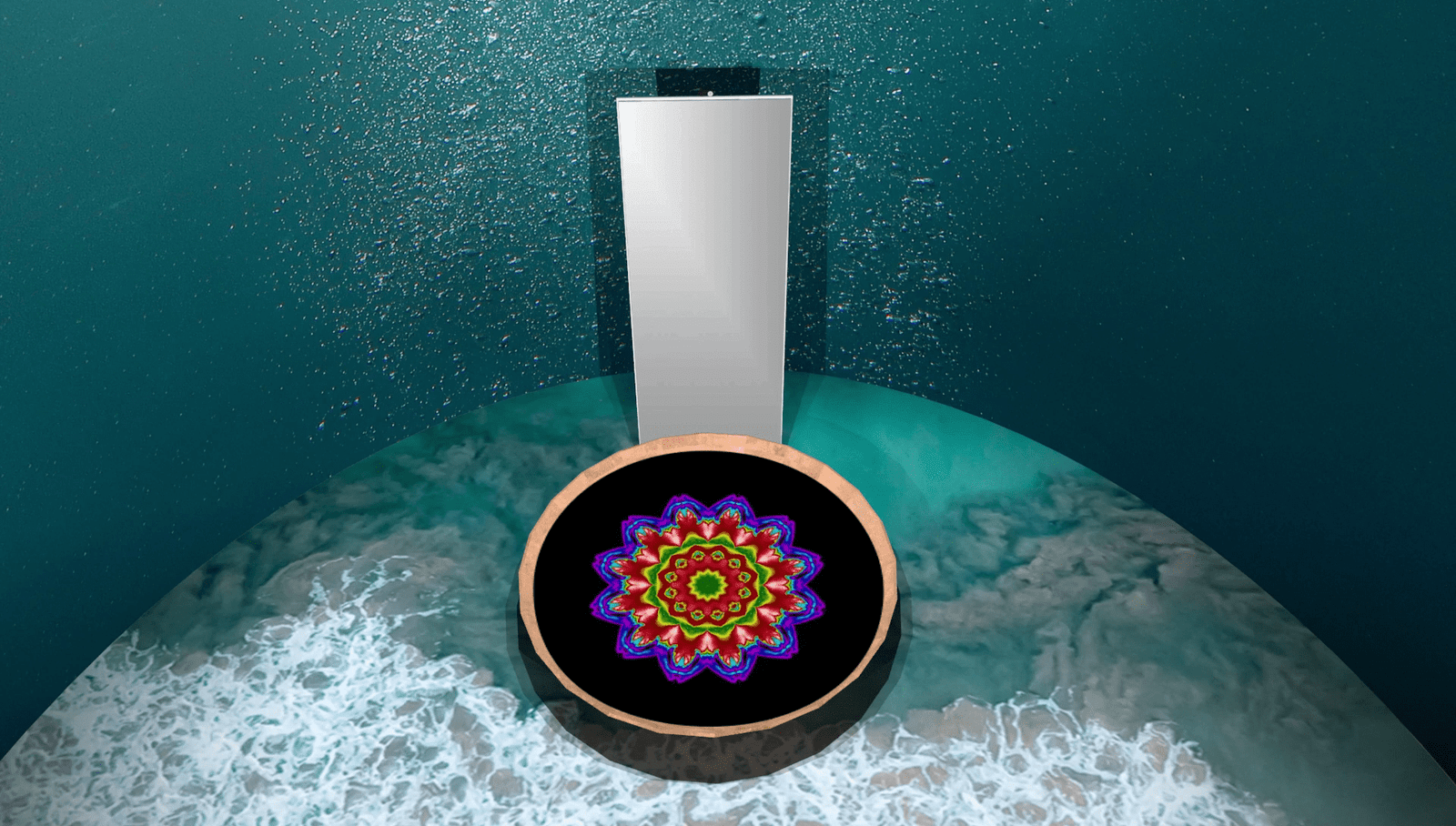 vista dall'alto sull'area sacra con dettaglio sul bacile e proiezione del responso fase 2